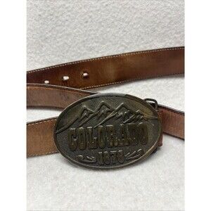Colorado Mountain 1876 Commemorative 1975 Adezy Belt Buckle And Leather Belt VTG